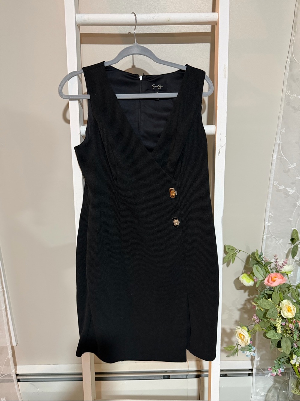 Jessica Simpson Black Sleeveless V-Neck Wrap Mini Dress with Gold Buttons